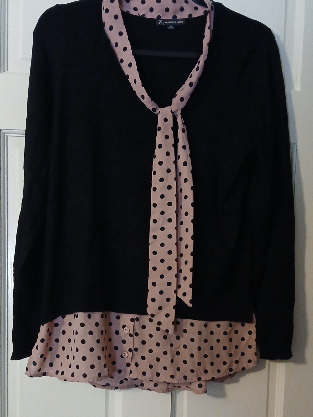 Adrianna Papell Black Sweater Made Together with Pink Polka Dot Tie Blouse